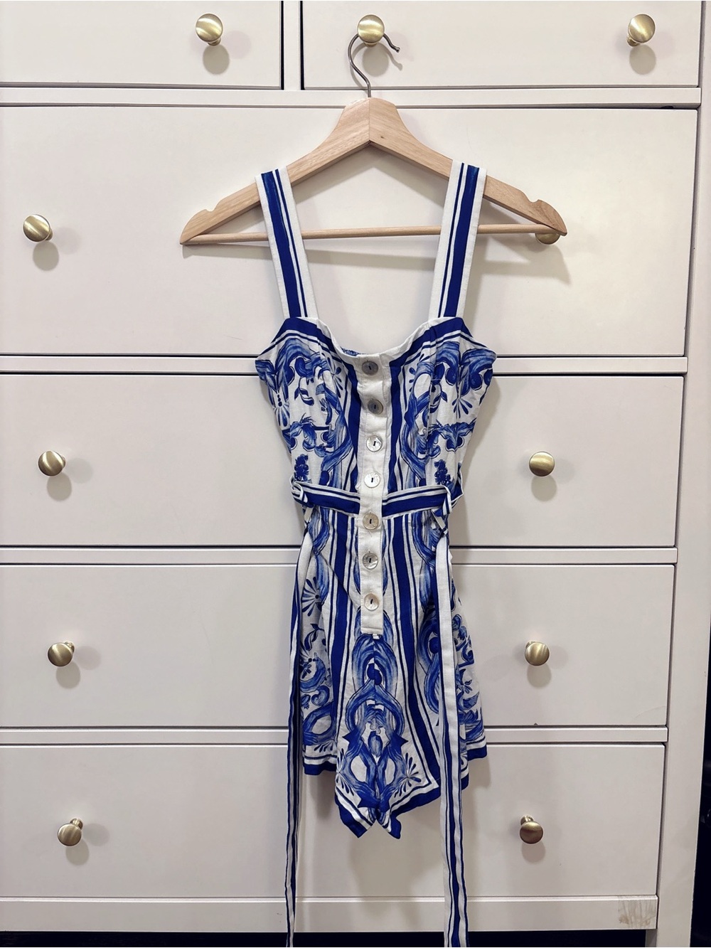 FARM Rio Garden Tiles Linen Blend Romper, Blue/Off-White, XXS